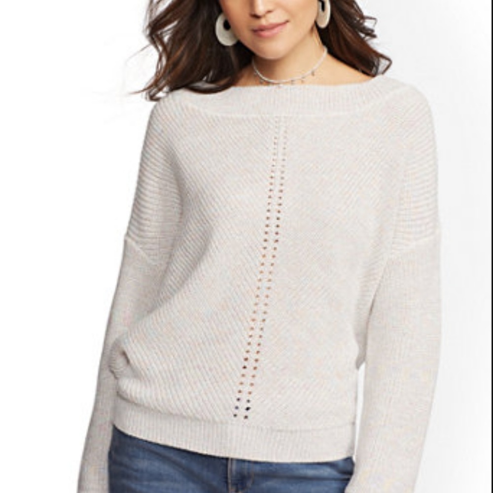 Bateau-Neck Dolman Sweater Winter White with Pink Rainbow